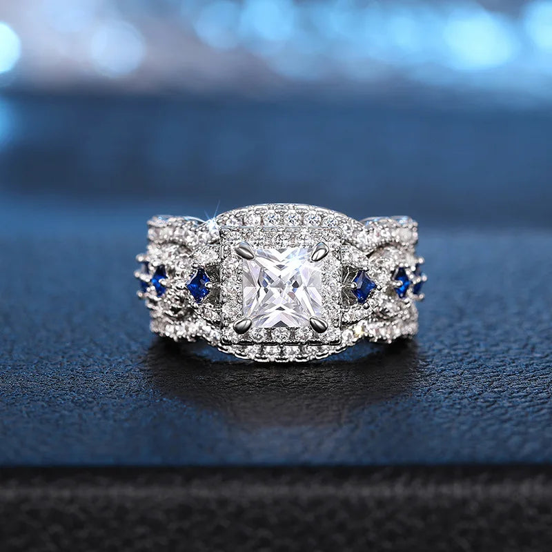 Square brass white-gold-tone flower-design ring