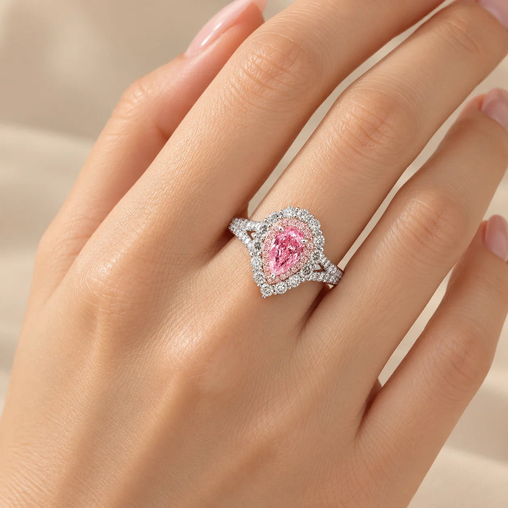 Pink teardrop double-layer ring