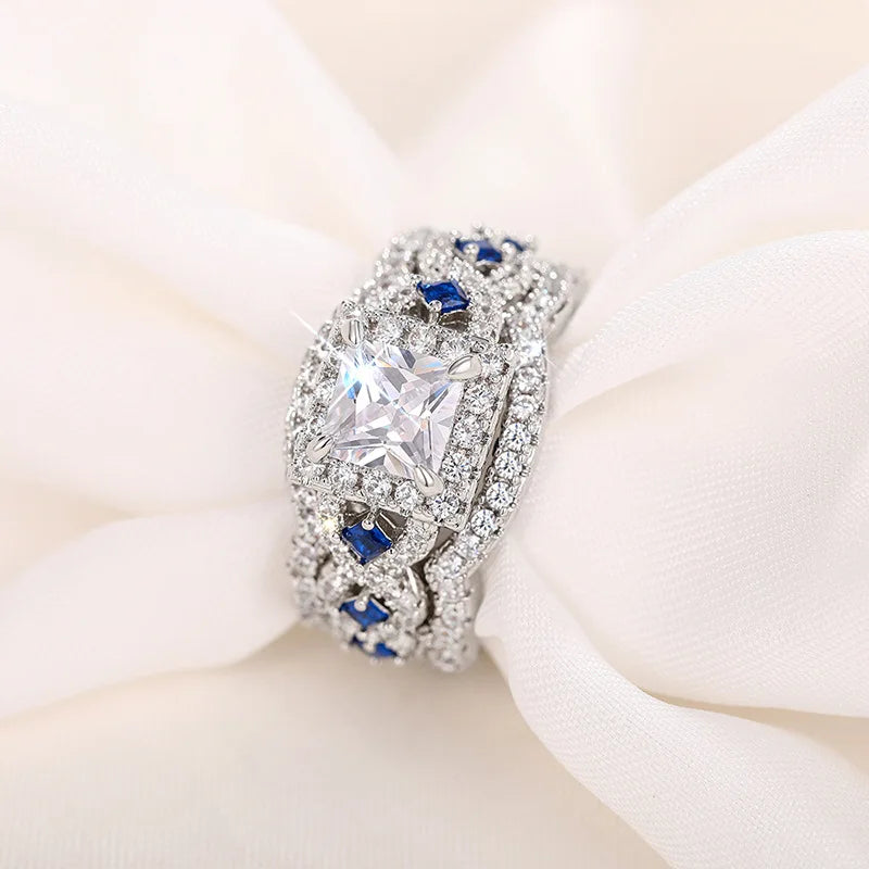 Square brass white-gold-tone flower-design ring