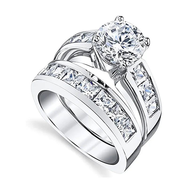 White-gold-tone copper round-stone ring and band design