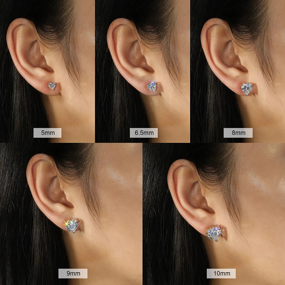 Heart-shaped moissanite-style studs, listed 0.5–4 ct
