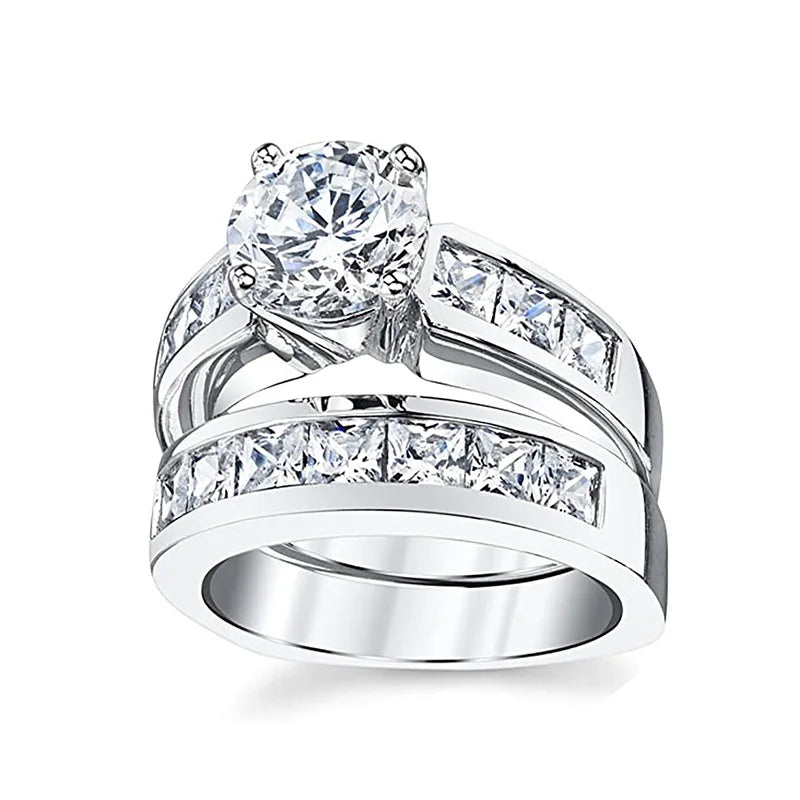 White-gold-tone copper round-stone ring and band design