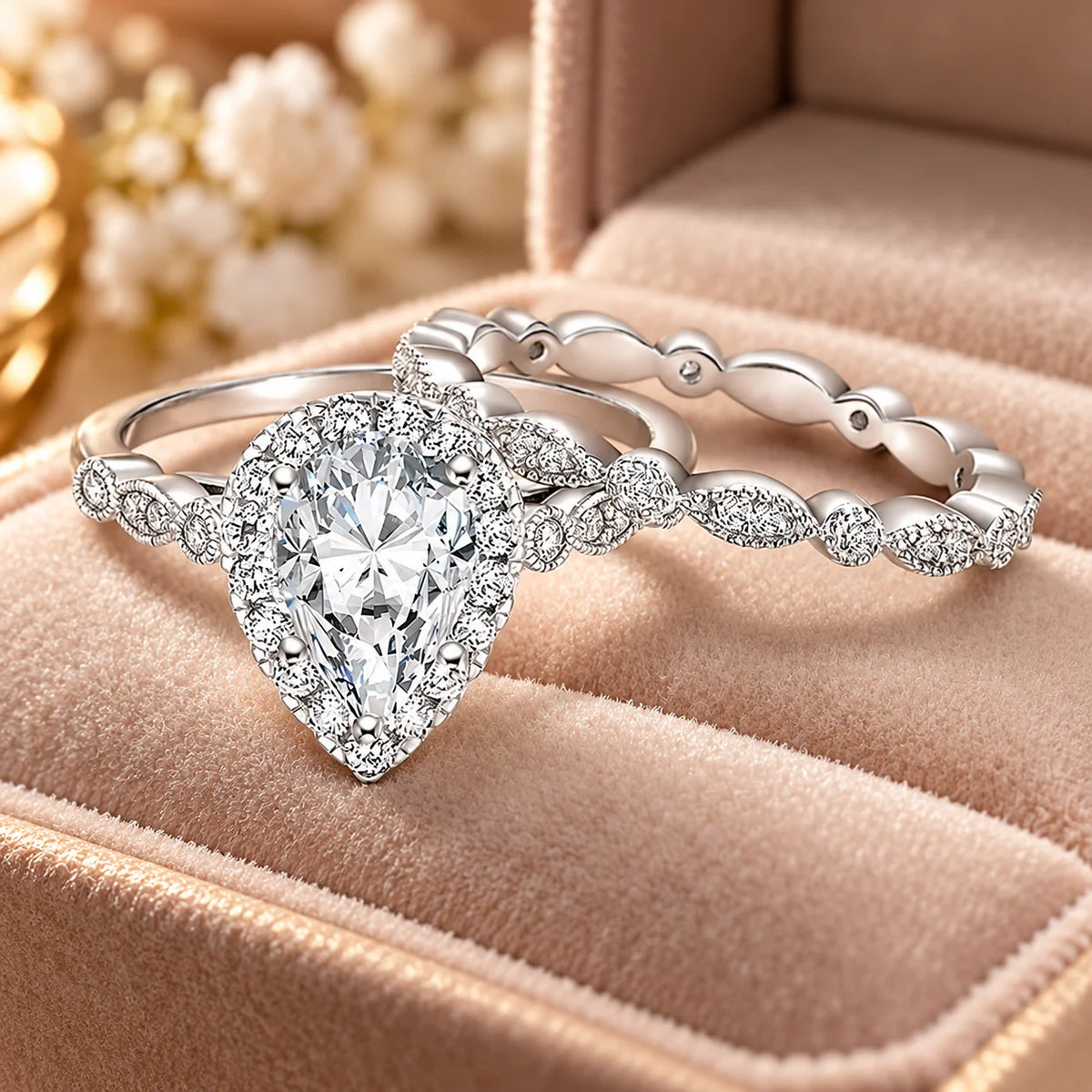 Marquise teardrop ring set
