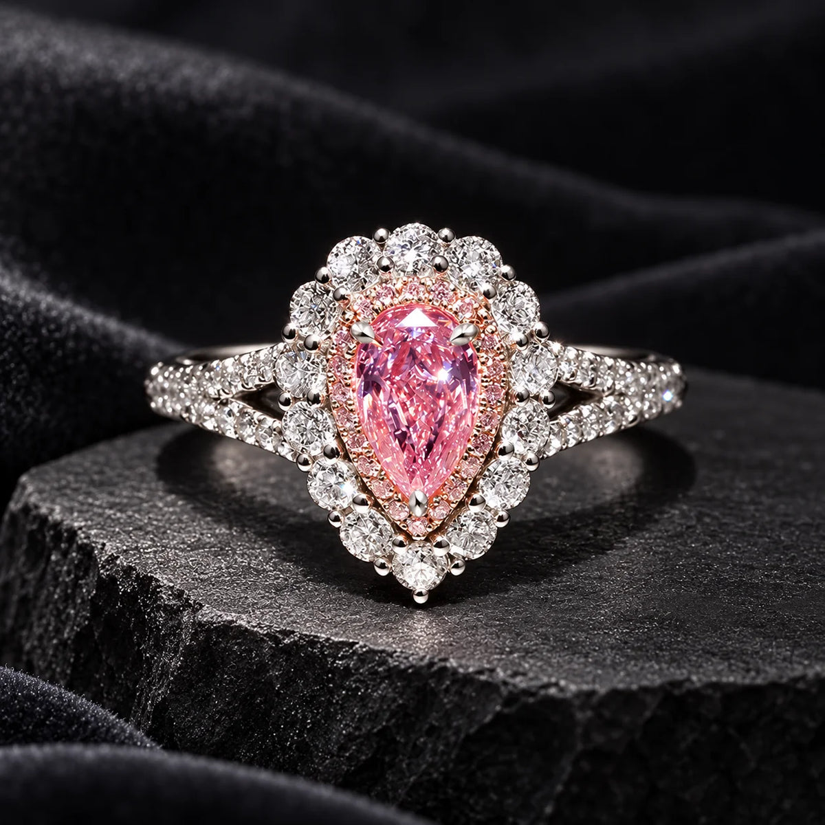 Pink teardrop double-layer ring