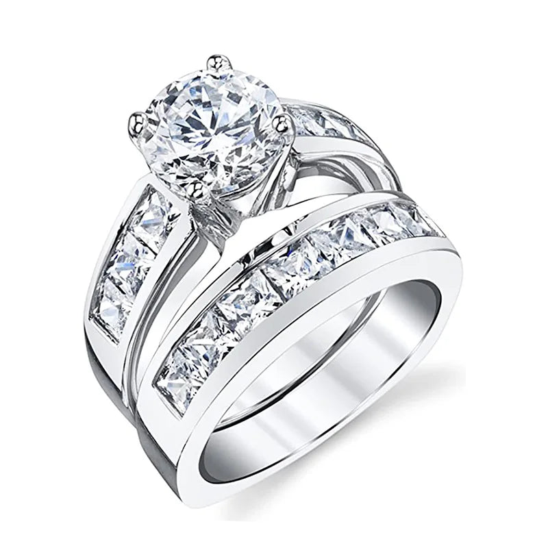 White-gold-tone copper round-stone ring and band design
