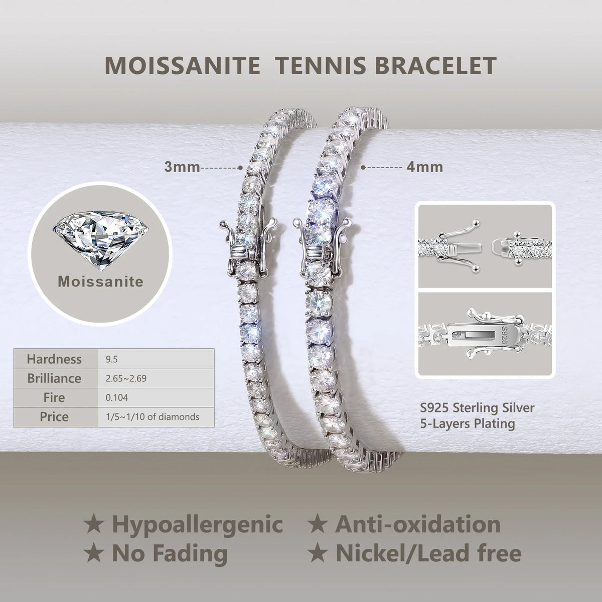 S925 moissanite tennis bracelet — white gold plated