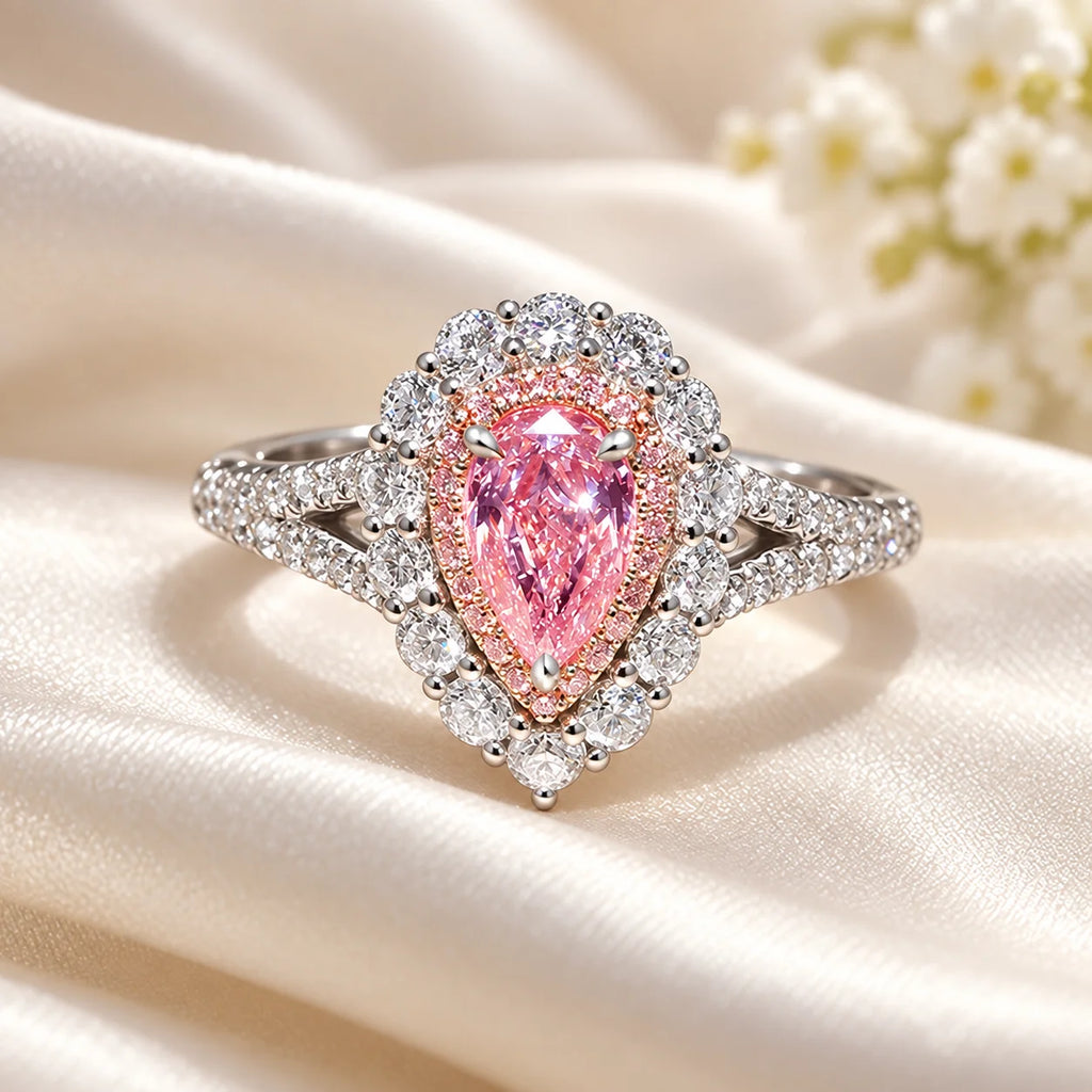 Pink teardrop double-layer ring